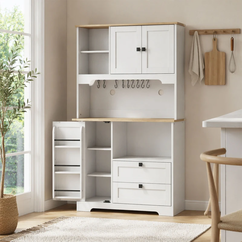 HOMCOM Buffet Haut Cuisine, Armoire Cuisine avec 3 Portes, 2 Tiroirs, Plan de Travail, Compartiments Ouverts, Blanc