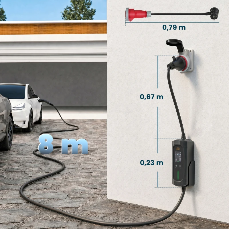 HOMCOM Mobiele Wallbox 11kW 8m Type 2 6–16 A 3-fase laadkabel CEE 16A naar Type 2 met instelbaar laadvermogen starttijdvoorinstelling