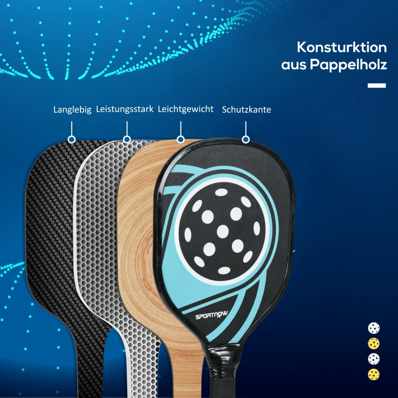 SPORTNOW Pickleball-set met 4 rackets, 4 ballen, draagtas, lichtgewicht en duurzaam, blauw+zwart