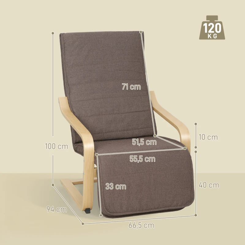 HOMCOM Accentstoel, Relaxfauteuil met Verstelbare Voetensteun, Berkenhouten Frame, tot 120 kg, 66,5 x 94 x 100 cm, Bruin