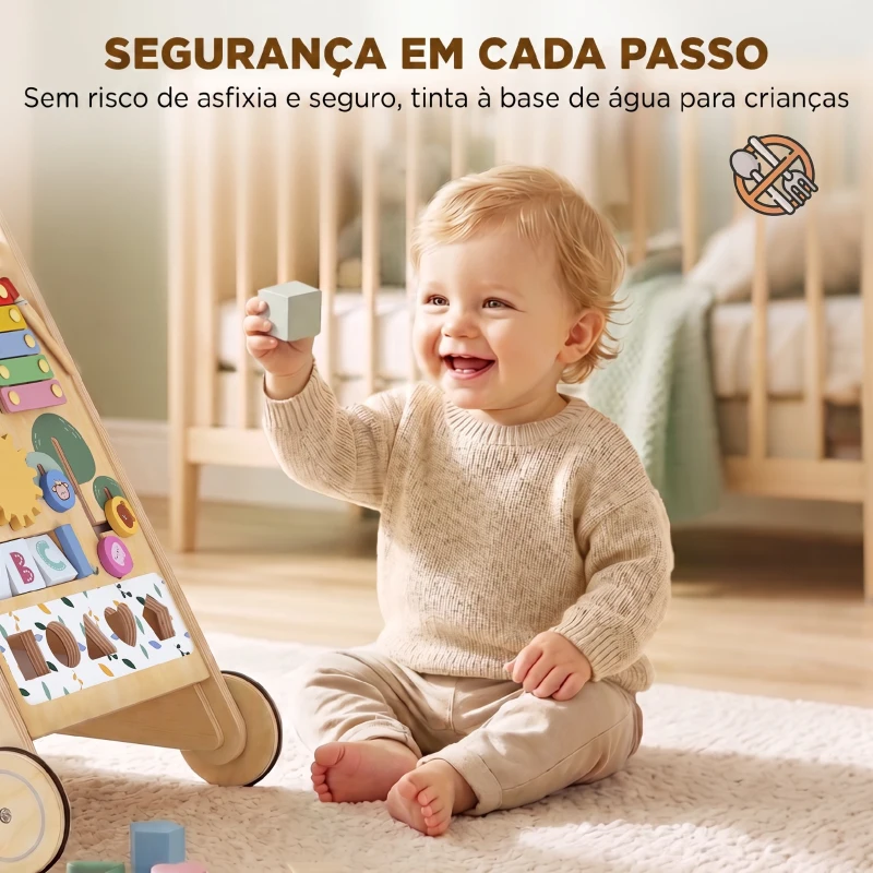 AIYAPLAY Andarilho de Madeira para Bebé com Atividades Montessori Controlo de Velocidade 5 Blocos e Rodas Natural