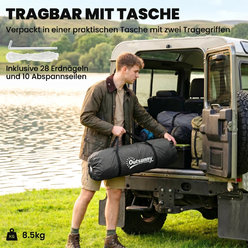 Outsunny Tunnelzelt, 2000mm Wasserabweisend Campingzelt für 4 Personen, mit 2 Schlafzimmern Wohnbereich Tragetasche Grau+Blau