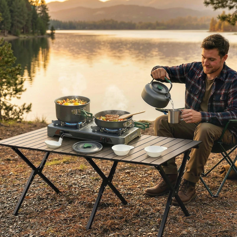 Outsunny Camping kookset 5-delig outdoor serviesset met anti-verbrandingsgrepen pan koekenpan voor 4-5 personen grijs