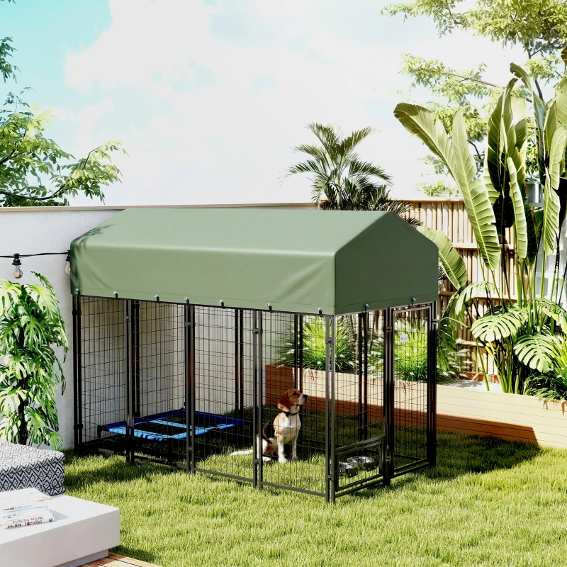 PawHut Recinto per Cani da Esterno in Acciaio con 2 Ciotole Girevoli e Tetto in Tessuto Oxford, 244x122x183 cm, Verde