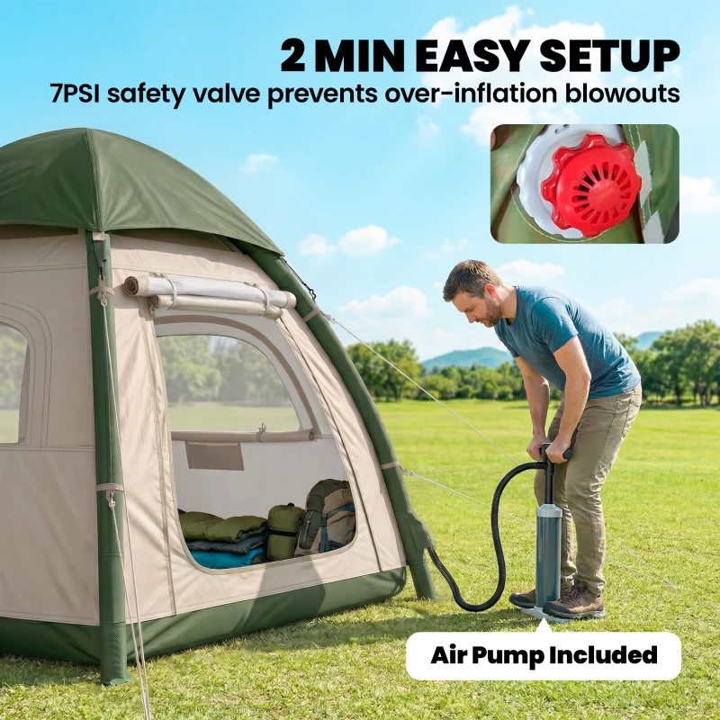 Outsunny Inflatable Camping Tent with Rainfly, 3 Man Air Tent 3000mm Waterproof Blow Up Tents, Beige