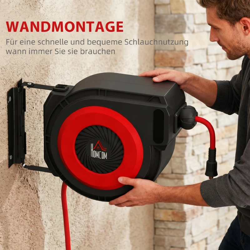 HOMCOM Slanghaspel met terugtrekmechanisme, 16,5 m lange slang, wandmontage, Rood+Zwart