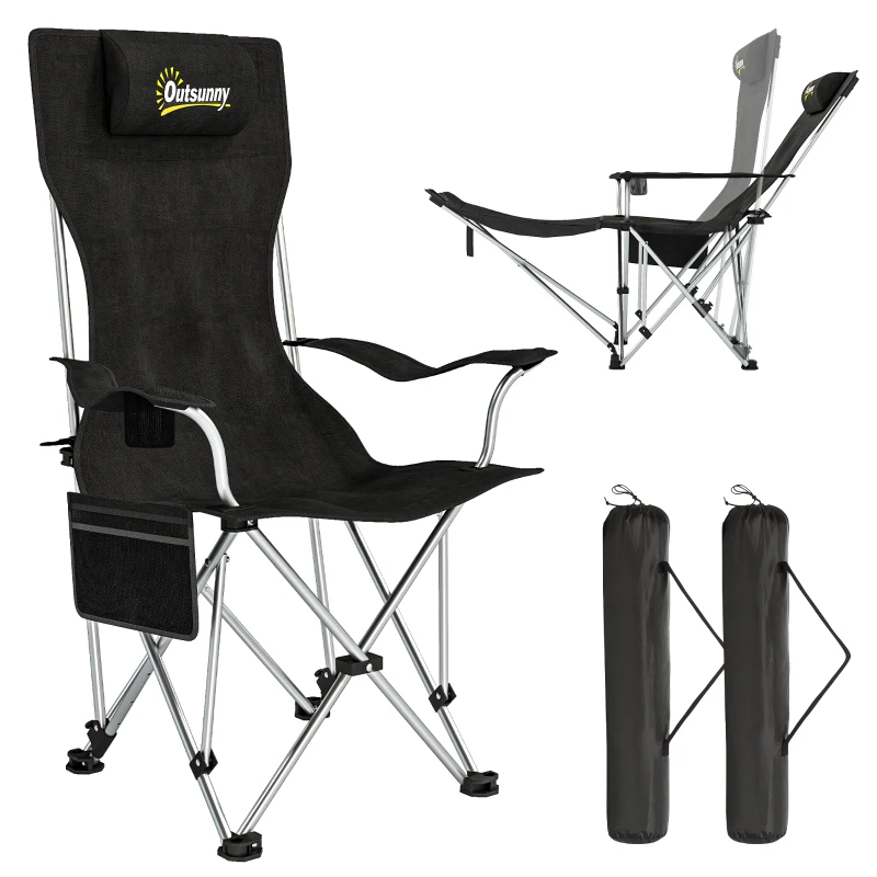 Outsunny Set van 2 Opvouwbare Campingstoelen met Afneembare Voetsteun en Bekerhouder, Belastbaar tot 120 kg - Zwart