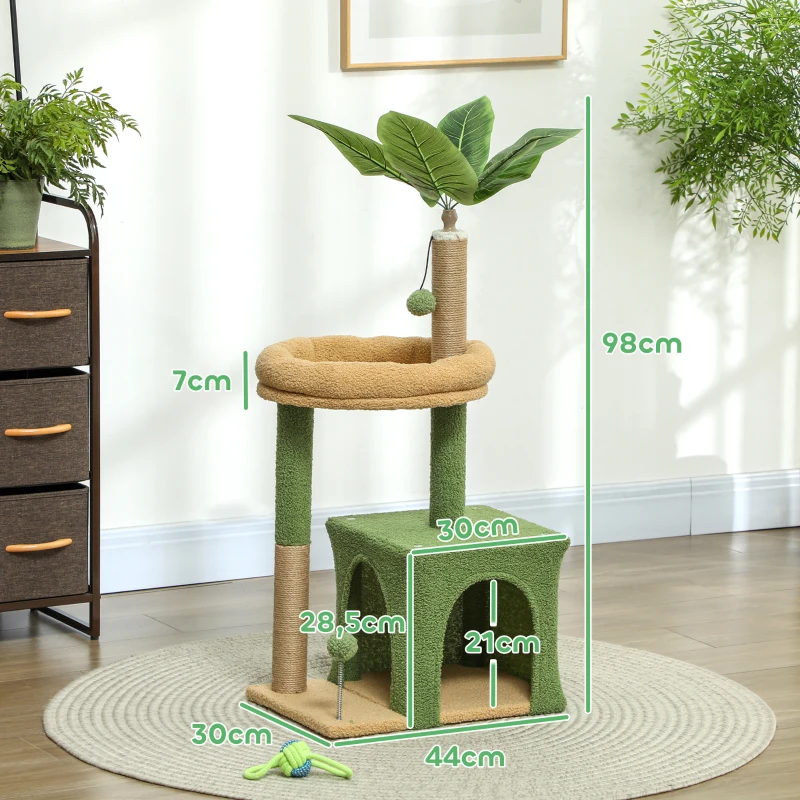 PawHut Kratzbaum 98 cm hoch Katzenbaum mit Höhle, Katzenbett Blätter-Design, Jutestämme, 2 Spielbälle für Katzen unter 5 kg