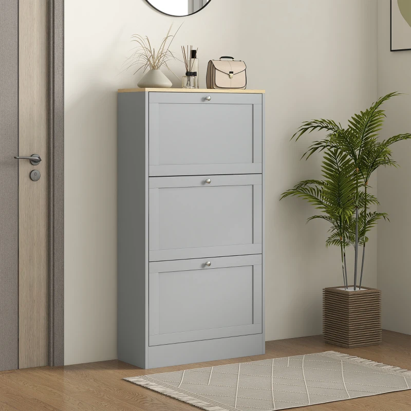 HOMCOM Meuble à chaussures 18 paires, armoire à chaussures avec 3 tiroirs rabattables, étagères réglables, 60x23,5x115cm, gris