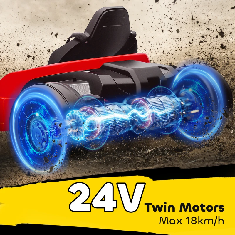 AIYAPLAY 24V Electric Go Kart, Drift Kart with Adjustable Seat, Slow Start, 5-Point Harness, Music, for 6-12 Years, Red