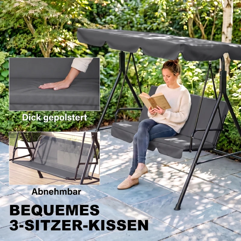 Outsunny Hollywoodschommel, Tuinschommel, 3-zits Schommelbank met Dak, Staal, 172 x 110 x 153 cm, Grijs