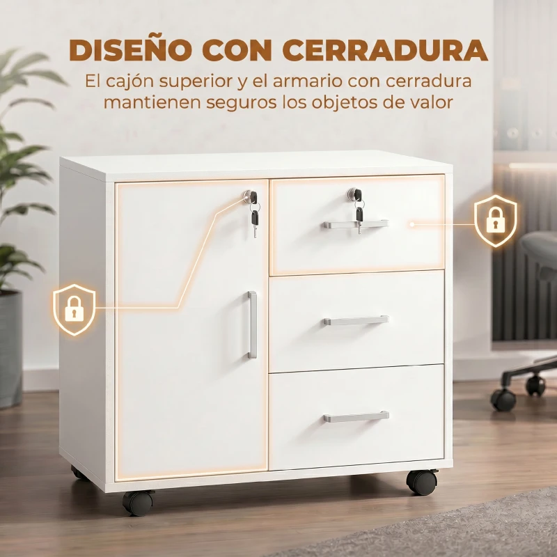HOMCOM Mueble para Impresora con Ruedas Mesa para Impresora con Puerta y 3 Cajones Cerraduras Estante Ajustable Blanco
