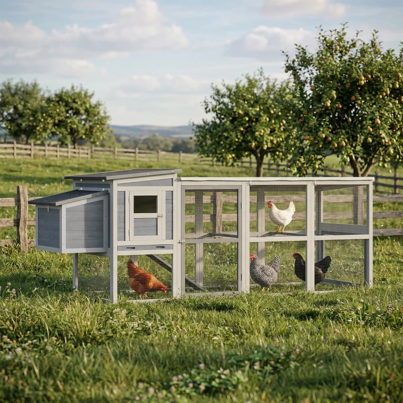 PawHut Large Chicken Coop, Wooden Hen House with Covered Run, Nesting Box, Pull-Out Tray, Opening Asphalt Roof, Grey