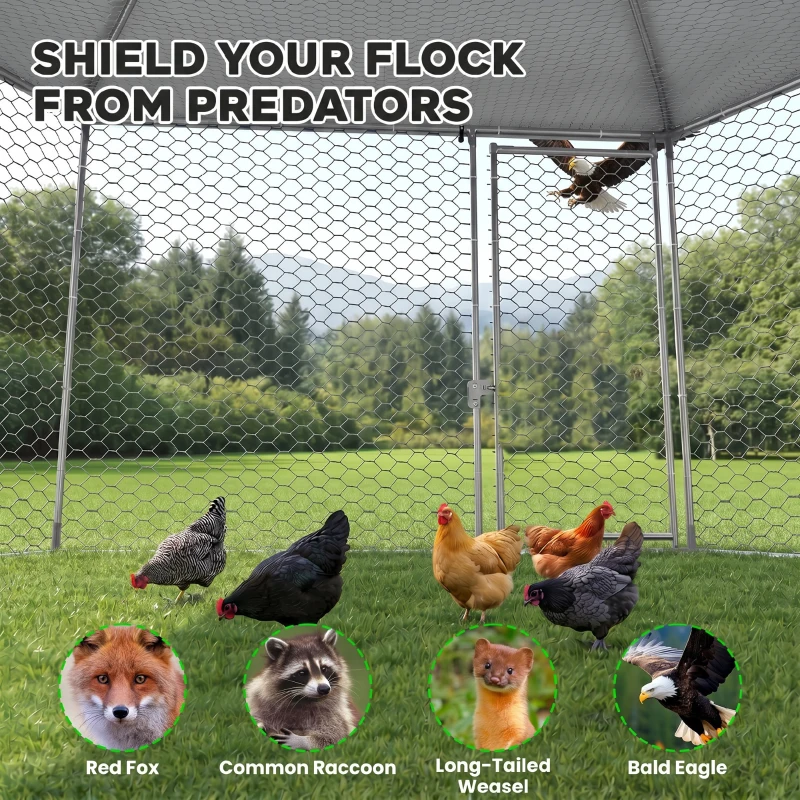 PawHut Hühnergehege mit schattenspendendem Dach, verzinktes Stahl, für 10-15 Tiere, Silber
