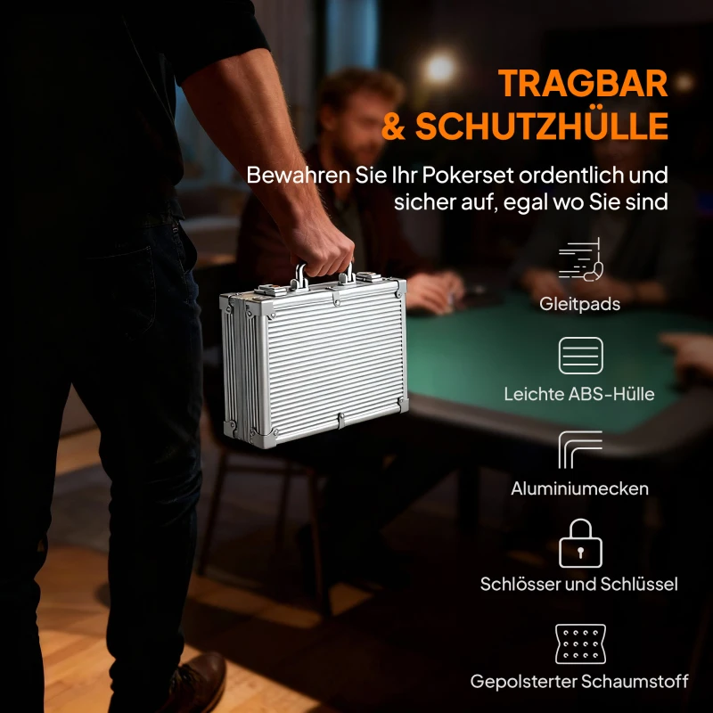 SPORTNOW Pokerchips-set in koffer, met dobbelstenen, dealerbutton, 2 kaartspellen, zilverkleurig