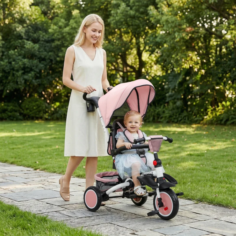 AIYAPLAY 6 in 1 Foldable Kids Trike with Adjustable Parent Handle & Canopy for Ages 1-5, Pink