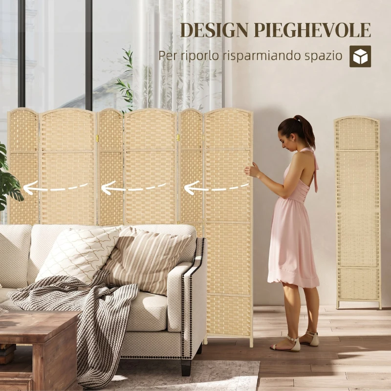 HOMCOM Paravento Divisorio da Interni Pieghevole a 6 Ante Intrecciato, 240x170 cm, Beige