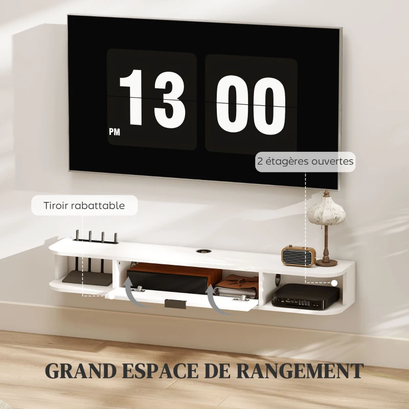 HOMCOM Meuble TV suspendu, meuble télé pour téléviseur jusqu'à 50 pouces, tiroir rabattable 2 étagères 120x24x16cm blanc