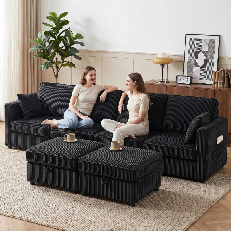 HOMCOM Hoekbank 4-zits U-vorm met opberghocker, 306 cm hoekbank met cord-look, 4 kussens, voor woonkamer