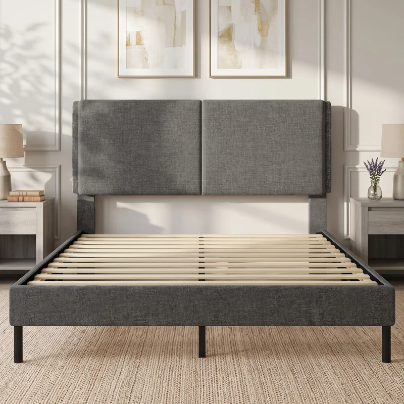 HOMCOM Cadre de Lit 140 x 190 cm avec Sommier et Tête Réglable, Lit Double Rembourré en Lin, Rangement au-dessous, Gris