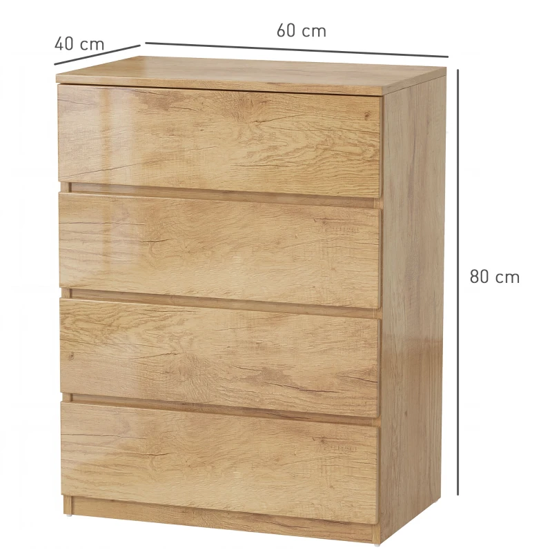 HOMCOM Cómoda 4 Cajones para Dormitorio Moderna Diseño sin Tiradores para Comedor Entrada 60x40x80 cm Madera Natural