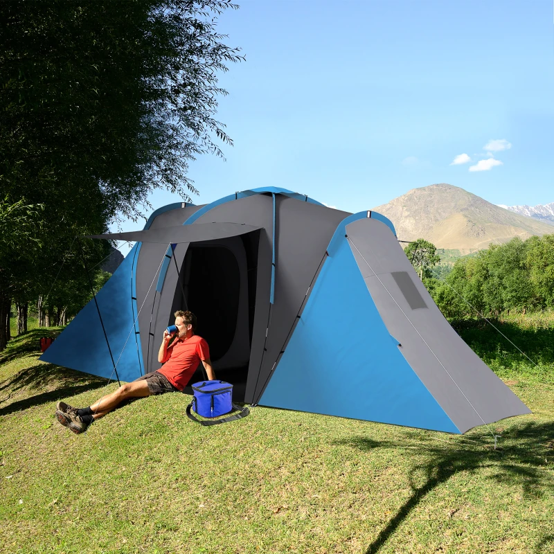 Outsunny Tunnelzelt, 2000mm Wasserabweisend Campingzelt für 4 Personen, mit 2 Schlafzimmern Wohnbereich Tragetasche Grau+Blau