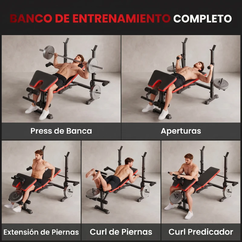 HOMCOM Banco de Musculación Multifuncional, Banco de Pesas con Respaldo Ajustable, Soporte para Barras Regulable, Extensión de Piernas, Curl de Predicador, Mariposa, Entrenamiento Casa Gimnasio, Rojo