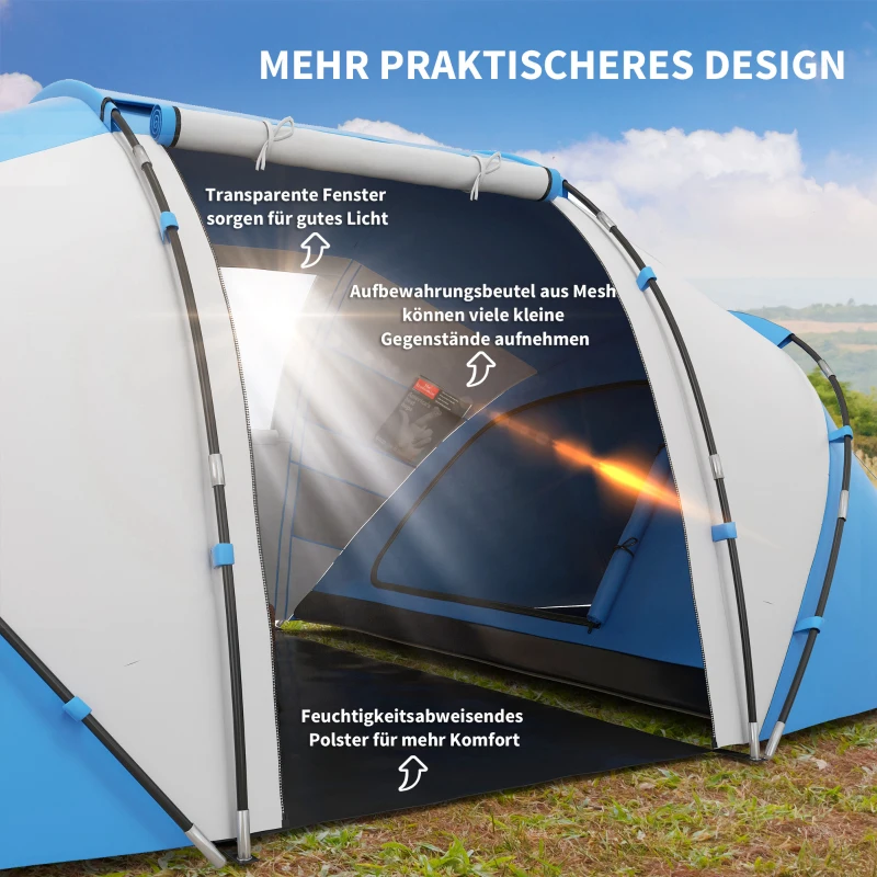 Outsunny kampeertent 4 Personen Familie Met Slaapcabines Ruime Voor Groepen Tunneltent, Blauw