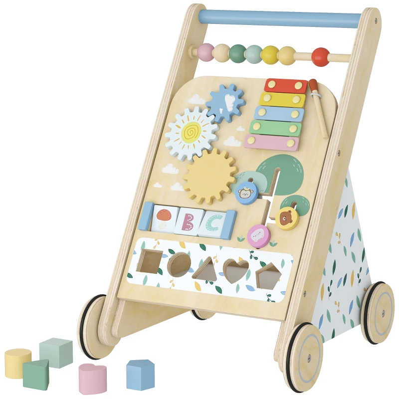 AIYAPLAY Andador de Madera para Bebé Caminador con Juguetes Montessori Control de Velocidad 5 Bloques Ruedas Natural