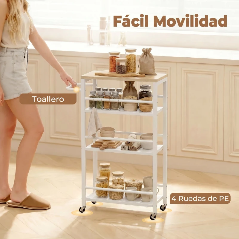 HOMCOM Carrito Auxiliar con Ruedas de 4 Niveles Carrito de Cocina con Toallero y 6 Ganchos para Comedor 50x20x81 cm Roble