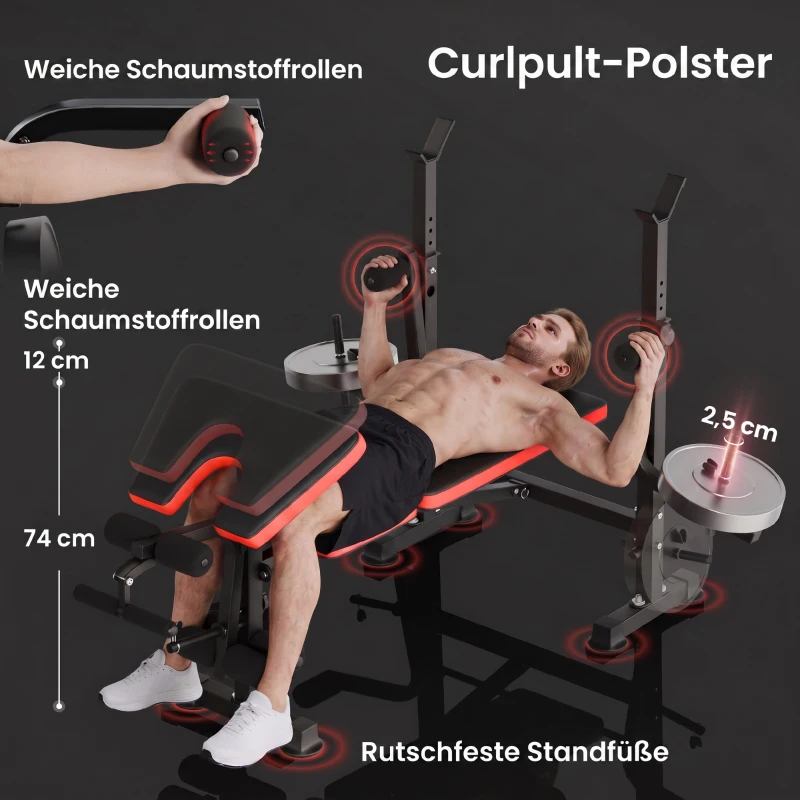 HOMCOM Hantelbank ohne Gewichte, verstellbare Fitnessbank für zahlreiche Übungen,  Workout-Station, Stahl, Kunststoff, Schwarz+Rot(m-7)