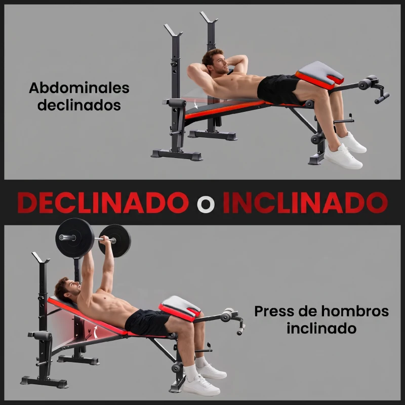 HOMCOM Banco de Musculación Multifuncional, Banco de Pesas con Respaldo Ajustable, Soporte para Barras Regulable, Extensión de Piernas, Curl de Predicador, Mariposa, Entrenamiento Casa Gimnasio, Rojo