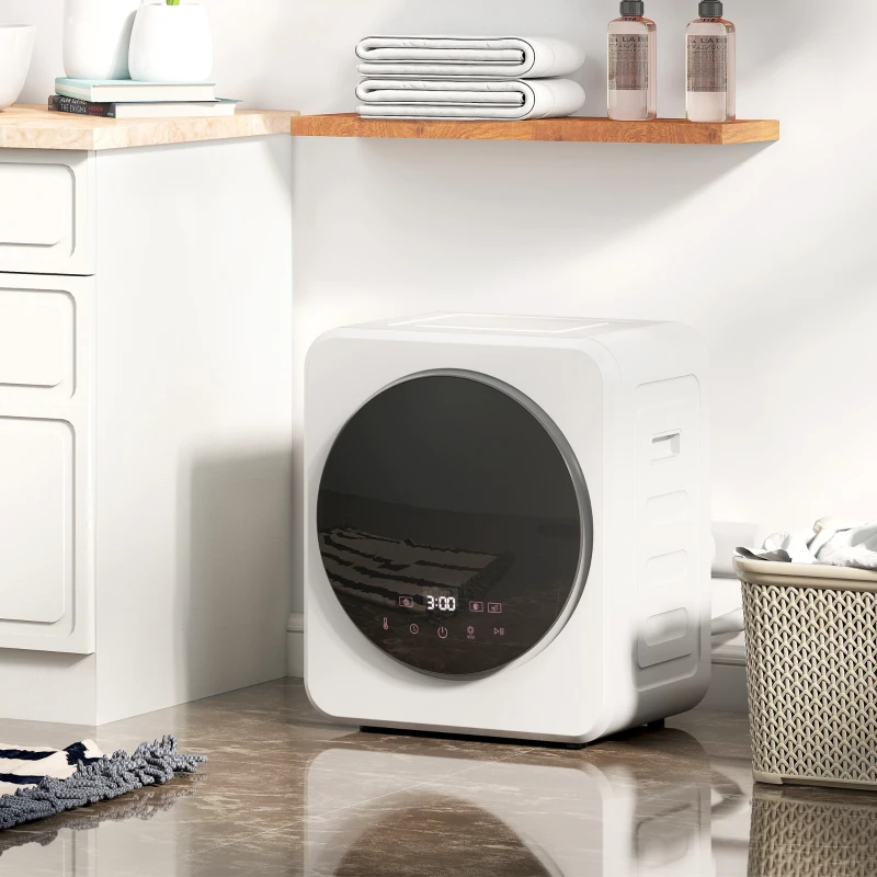 HOMCOM Mini Uscător de Rufe Portabil, 4 kg, Display LED, Compact 800W, ABS,  Tambur din Oțel Inoxidabil, Alb