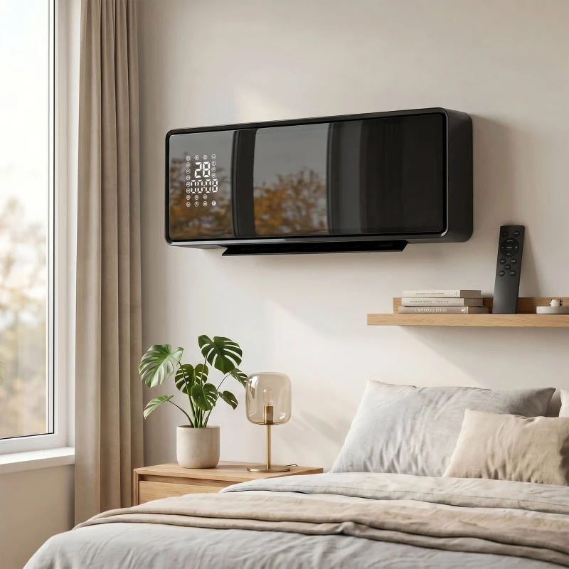 HOMCOM Wandmontierter 2000W Keramik Elektroheizer, Ventilator, Thermostat, Timer, Fernbedienung, Glaspaneel, Schwarz