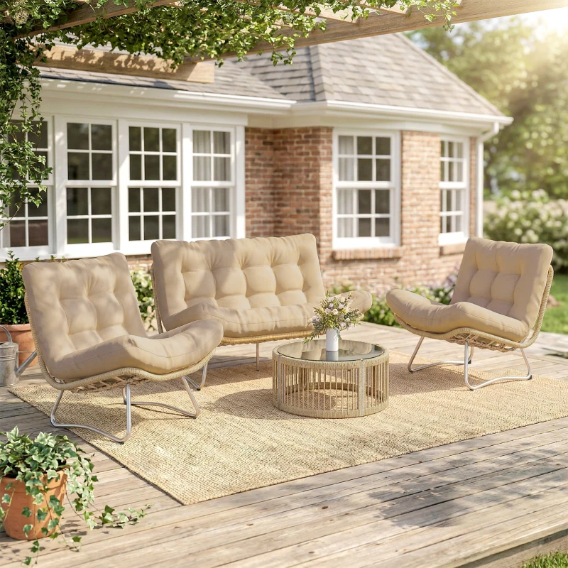 Outsunny Gartenmöbel Set 4-teilig Polyrattan Lounge-Set mit Zweisitzer 2 Sessel Glastisch Breitem & Tiefem Sitz Dicke Kissen