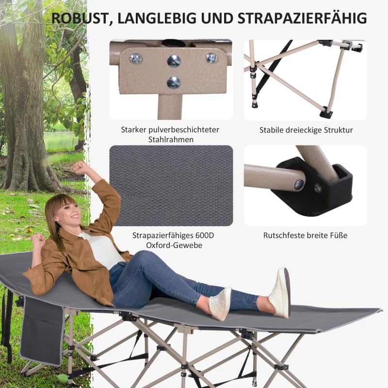 Outsunny Veldbed, Opvouwbaar Campingbed, Weerbestendig, Incl. Draagtas, 190 x 68 x 52 cm, Grijs