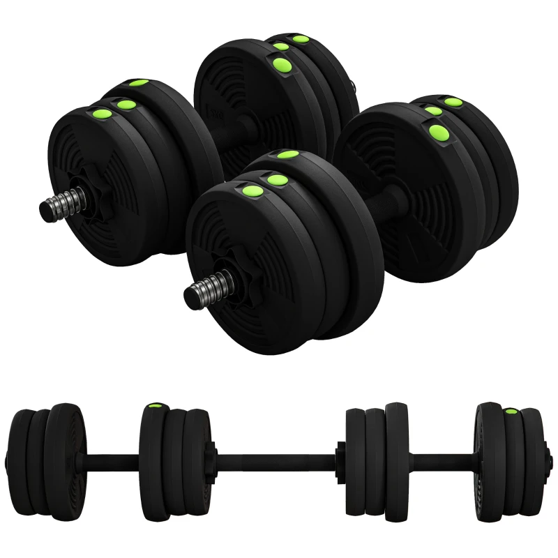 SPORTNOW 2-in-1 halterset, lange & korte halter, 20 kg, antislip, bodembeschermend, zwart/groen