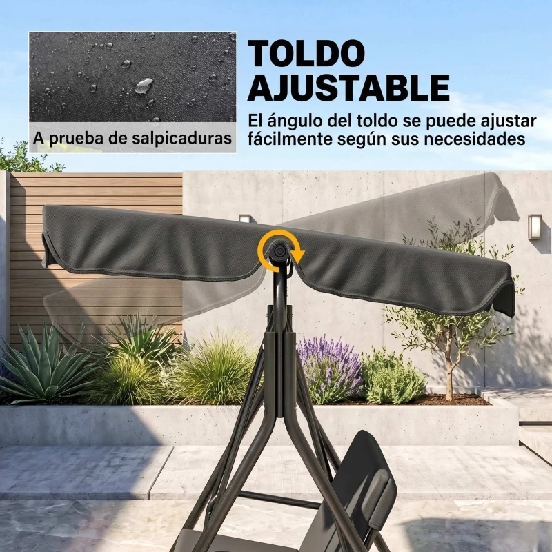 Outsunny Balancín de Jardín con Techo Ajustable en Ángulo Carga Máx. 200 kg Acero 172x110x153 cm Negro