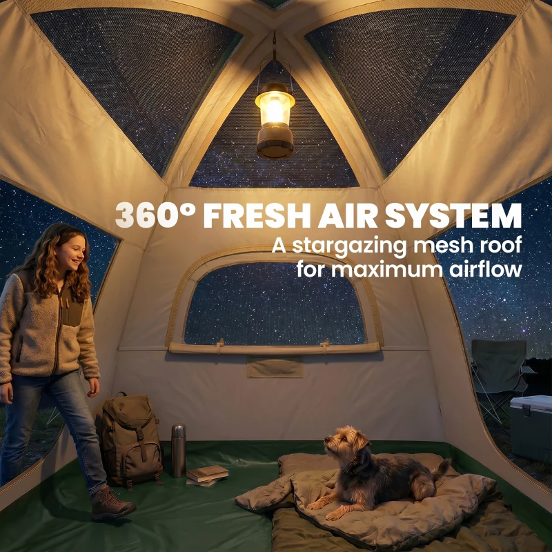 Outsunny Inflatable Camping Tent with Rainfly, 3 Man Air Tent 3000mm Waterproof Blow Up Tents, Beige