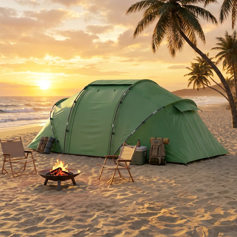 Outsunny Tunneltent voor 4-6 personen, campingtent met deur, bodemzeil, 2000mm waterdicht Groen