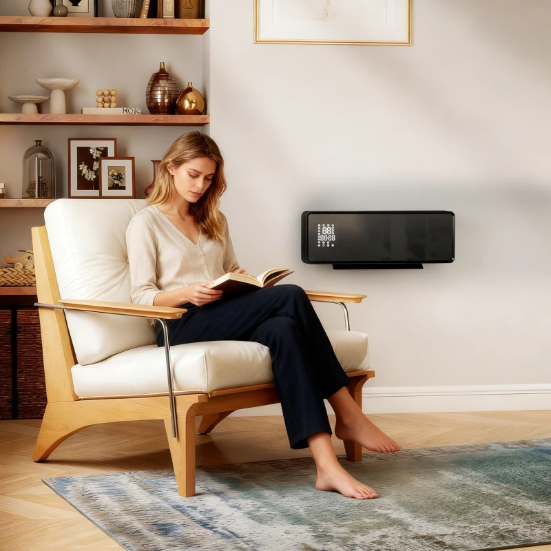 HOMCOM Wandmontierter 2000W Keramik Elektroheizer, Ventilator, Thermostat, Timer, Fernbedienung, Glaspaneel, Schwarz