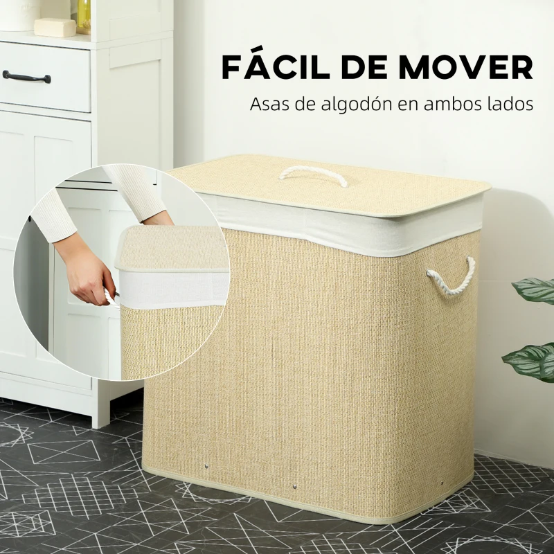 HOMCOM Cesto de Ropa Sucia de Bambú con 1 Compartimento Asas para Facilitar el Uso y Bolsas Desmontables Lavables 60x40x60 cm
