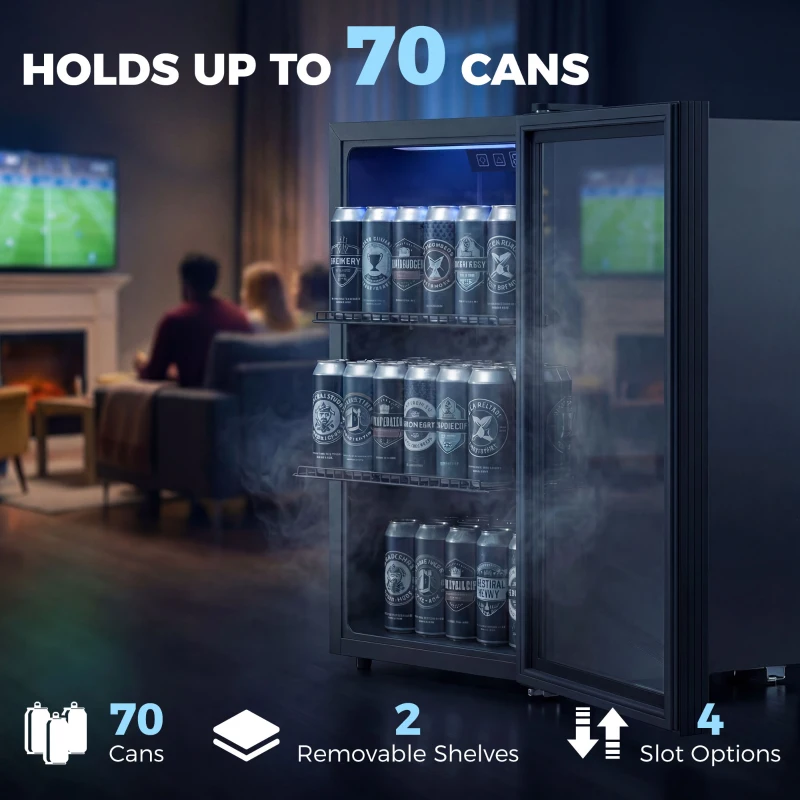 HOMCOM 70L Drinks Fridge, 70 Can Under Counter Freestanding Beer Fridge with LED Light