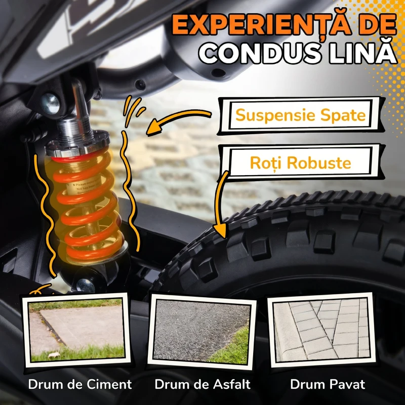 AIYAPLAY Motocicletă Electrică pentru Copii 3-8 Ani, 2 Motoare 12V, Roți Ajutătoare Detașabile, 30 kg, Galben