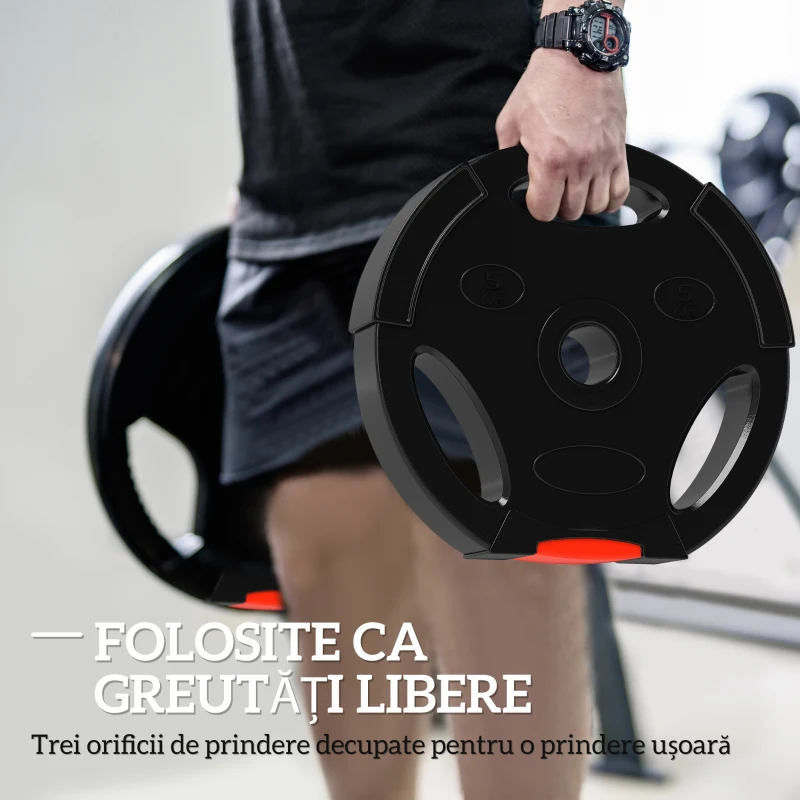 SPORTNOW Set Discuri Greutăți, 4 Bucăți 2x5 kg și 2x2,5 kg, 3 Mânere, Orificiu 2,5 cm, Polipropilenă, Negru
