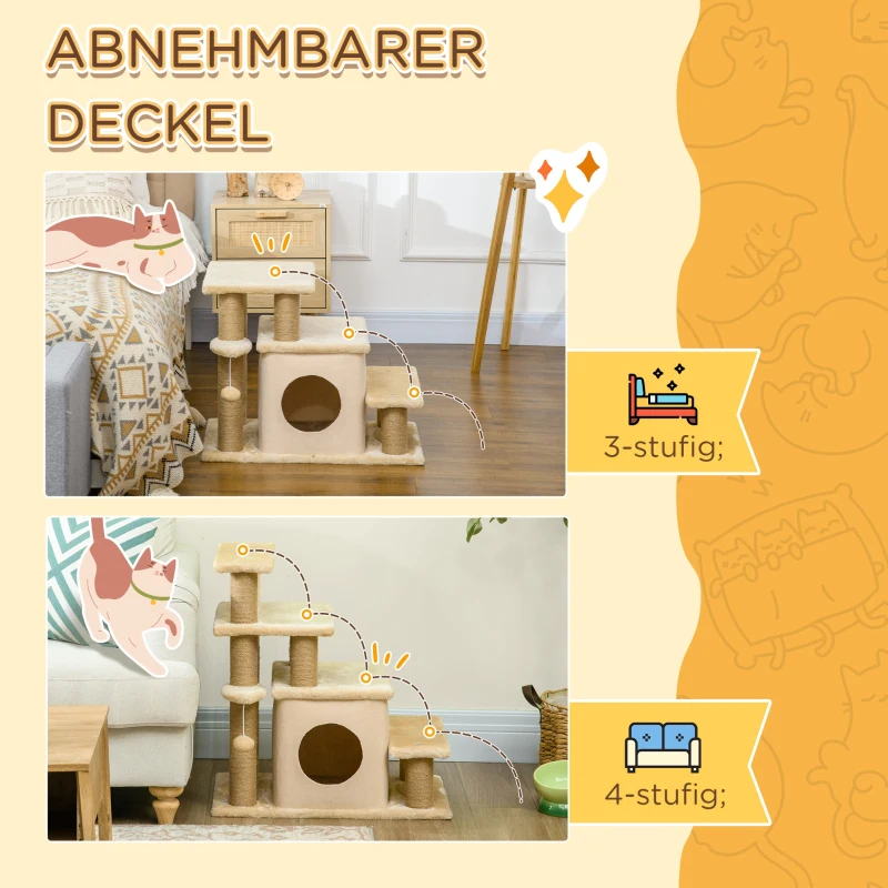 PawHut Huisdierentrap, Krabpaal, 4 treden, Speelbal, Huisje, Verstelbaar in hoogte, 60 x 40 x 66 cm, Beige(m-4)