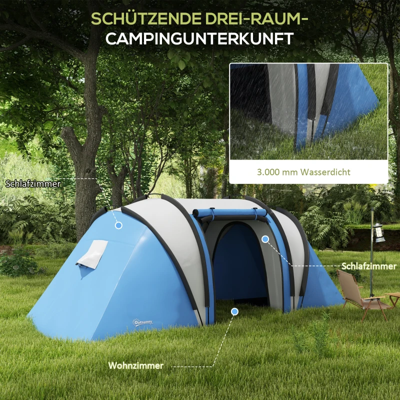 Outsunny 4-5 Persoons Campingtent Waterafstotend Blauw Familie Tent met Drie Compartimenten en Zijdeur