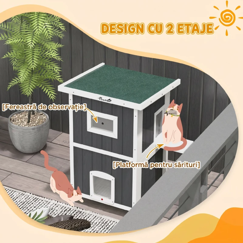 Pawhut Casa Exterior Pisici – 2 Niveluri, Lemn Natural Rezistent