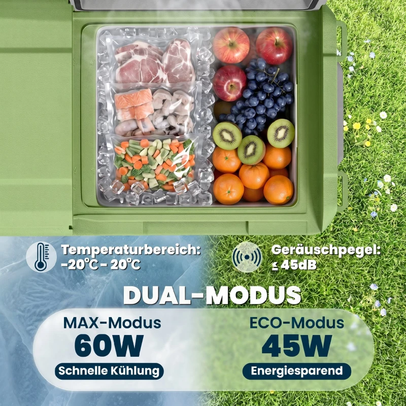 Outsunny 24,2 liter campingkoelkast, autokoelkast, koelbox met LED-licht, AC- en DC-adapter, stille werking, Grijs+Groen