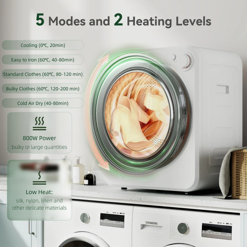 HOMCOM 4kg Front Load Laundry Dryer, Portable Clothes Dryer with 2 Power Modes, 400W/800W, White
